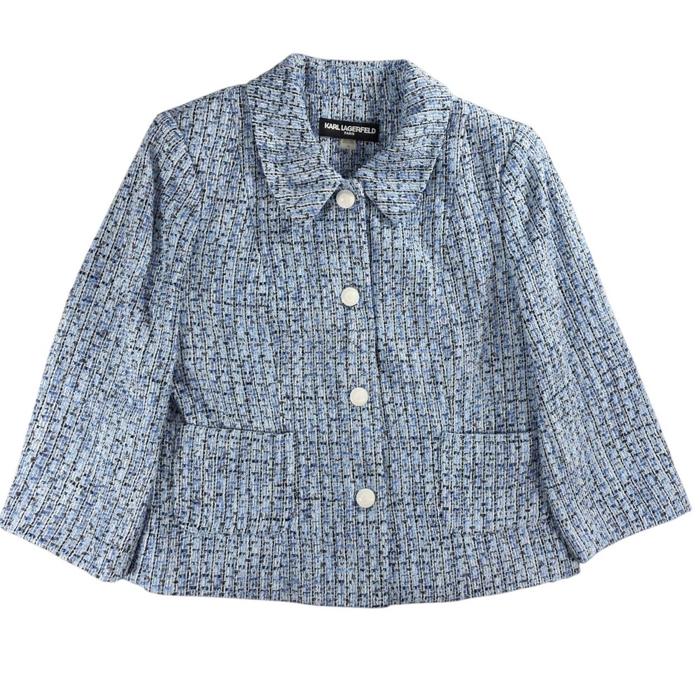Karl Lagerfeld Paris Women Size 12 Blue Tweed Jacket Blazer Button Front